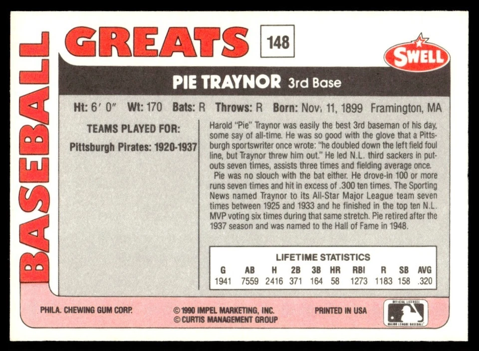 1991 Swell Baseball Greats Pie Traynor Pittsburgh Pirates #148 - Image 2 of 2