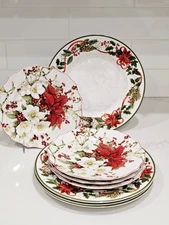 222 Fifth Holiday Festivities 8pc Set 4 Dinner 4 Salad Christmas Plates Porcelai