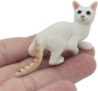 2½'' White Brown Tabby Cat  - Miniature Hand Made Ceramic