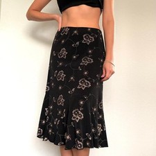 Y2K Black Floral Ruffle Hem Midi Skirt