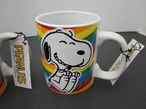 NEW Peanuts Snoopy Set Of 2 Rainbow Coffee Mug 70th Anniversary 15oz Gibson - Imagen 3 de 4