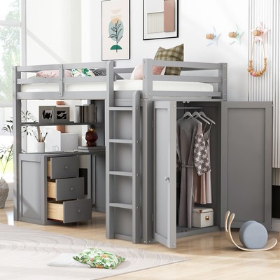 Twin size Loft Bed with Desk and Wardrobe Storage Cabinet