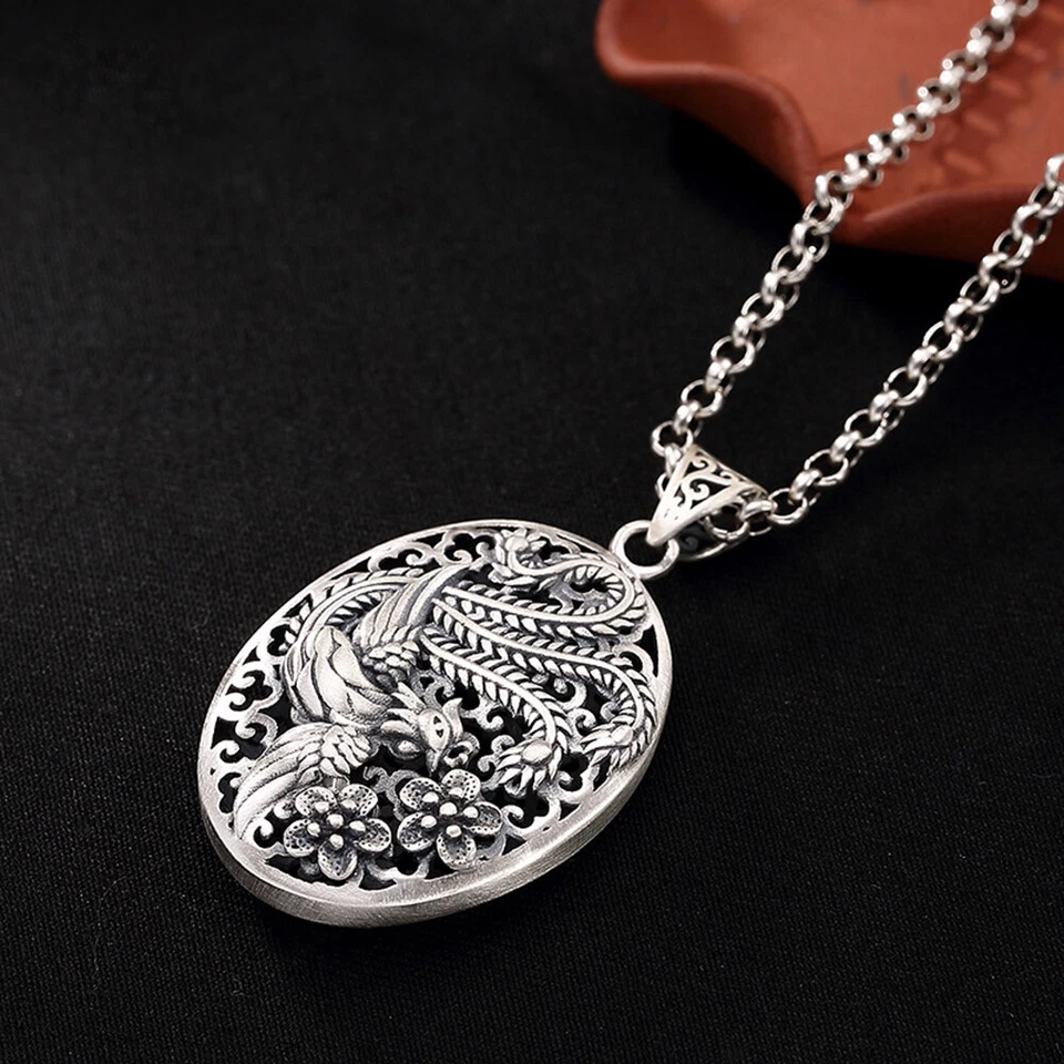 Colgante Fénix Hueco Plata Fina Sólida 990 Diseño Bendición Oriental Foto 2 de 4