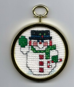 Handmade HAPPY SNOWMAN Finished Cross Stitch Ornament