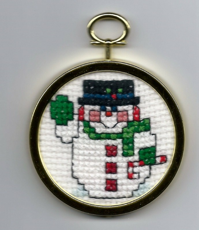 Handmade HAPPY SNOWMAN Finished Cross Stitch Ornament