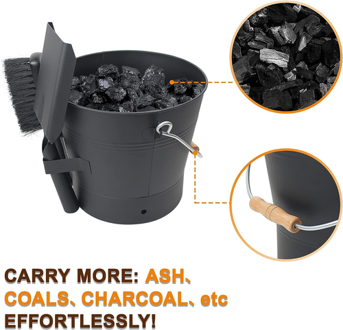 Ash Bucket with Lid, 2.6 Gallon Fireplace Ash Bucket with Shovel & Hand Broom, M - Picture 5 of 12