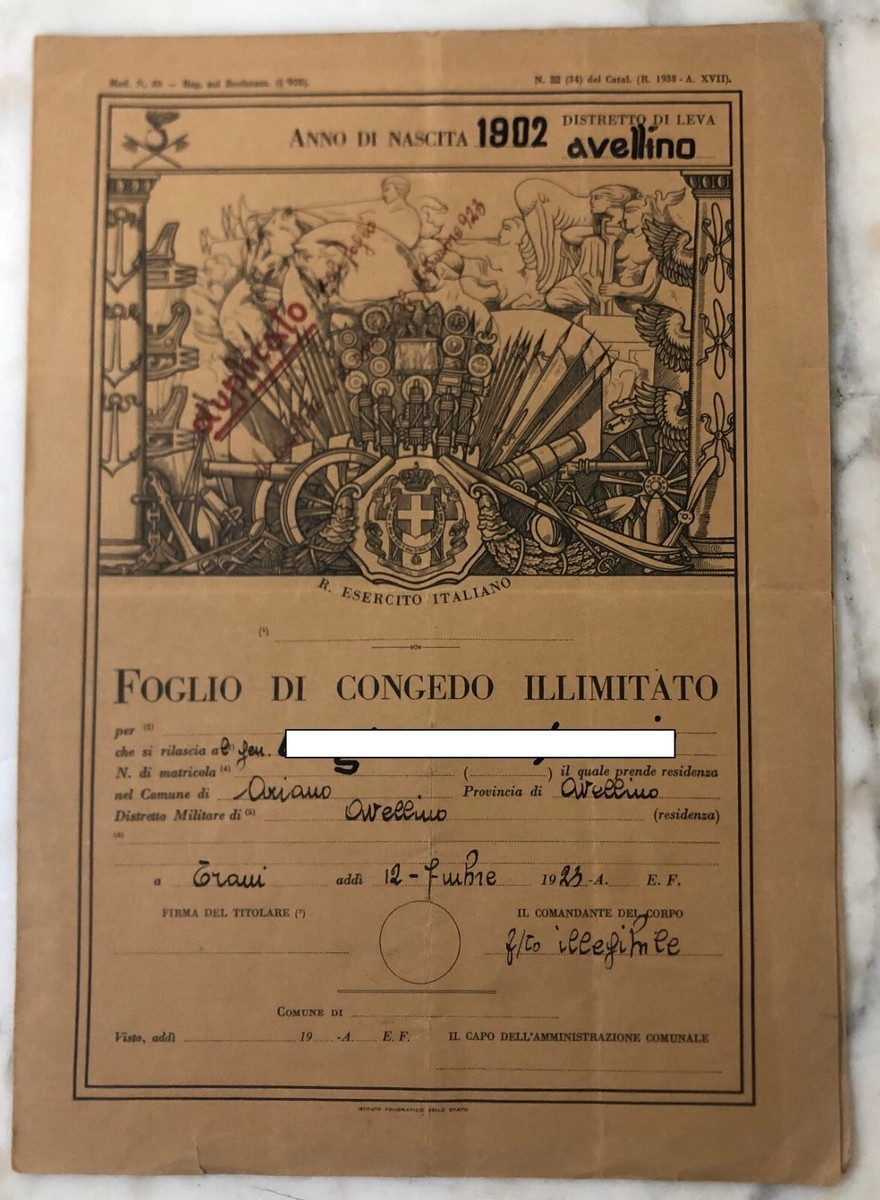 Foglio di Congedo illimitato Regio Esercito Italiano Avellino 1940