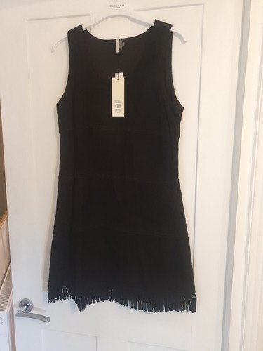 Original Topshop Bnwt Black Real Suede Leather Fringed Shift Dress 10 Western