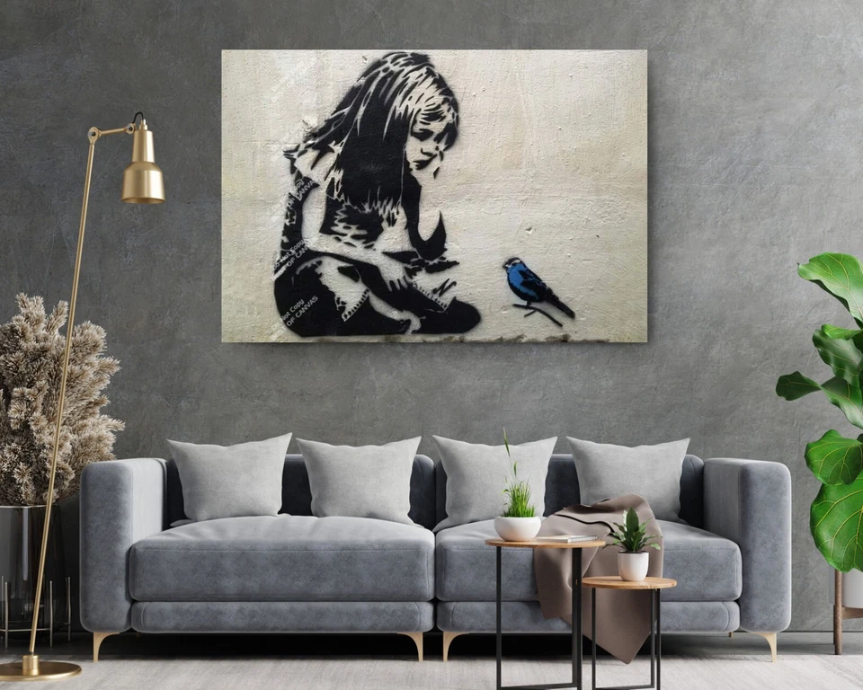 Niña con Pájaro Azul Banksy Calle Pared Graffiti Lienzo Decoración Arte Impresión Habitación Foto 3 de 4
