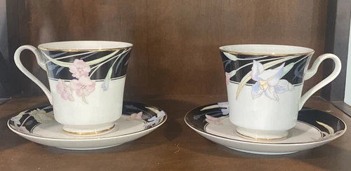 2 Sets of Vintage Mikasa Charisma Black band with Flower Cup Mug & Saucer 4 Pcs