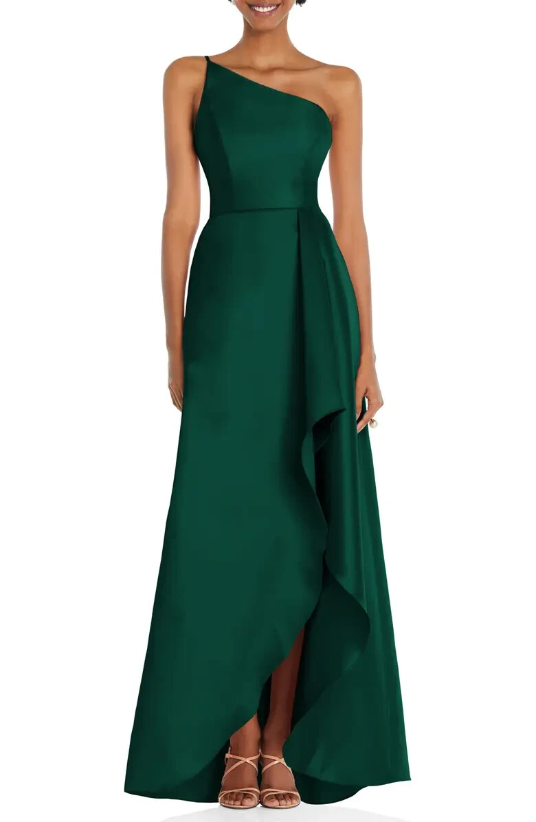 alfred sung hunter green dress One-Shoulder Satin Gown Size 12 $252 D831 Bow hunter