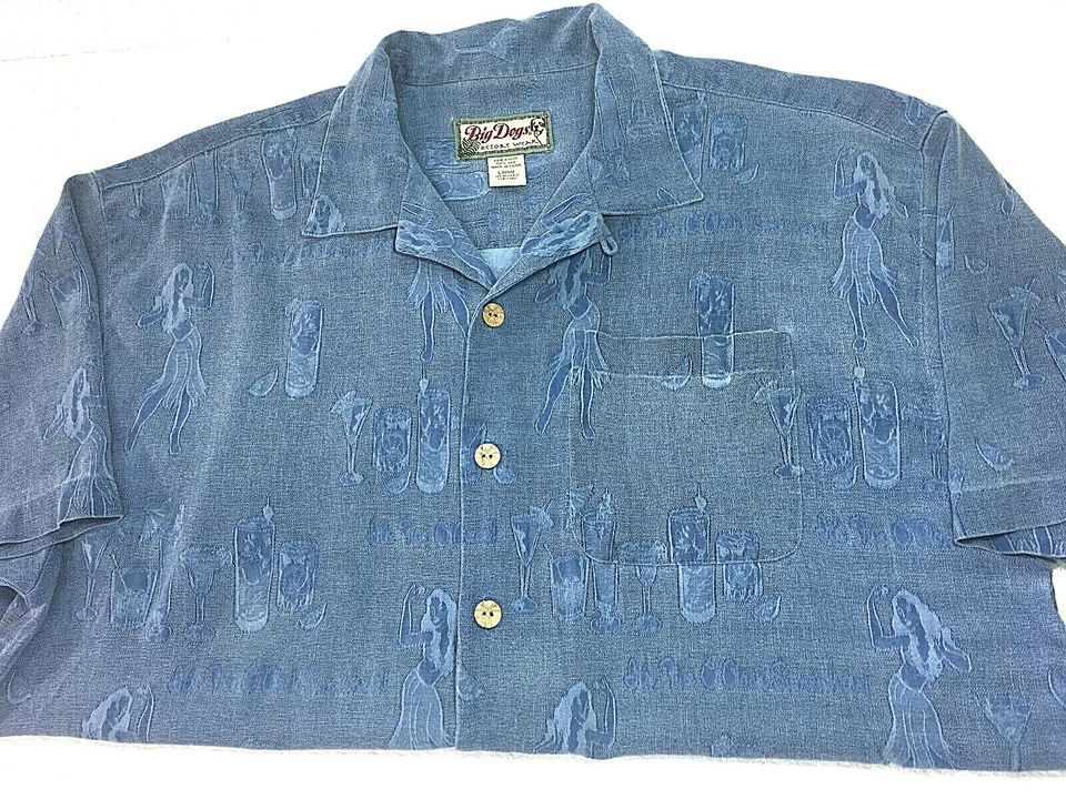 Camisa Big Dogs Vintage Para Hombre Abotonada Hawaiana Manga Corta Azul Seda Talla L Foto 4 de 4
