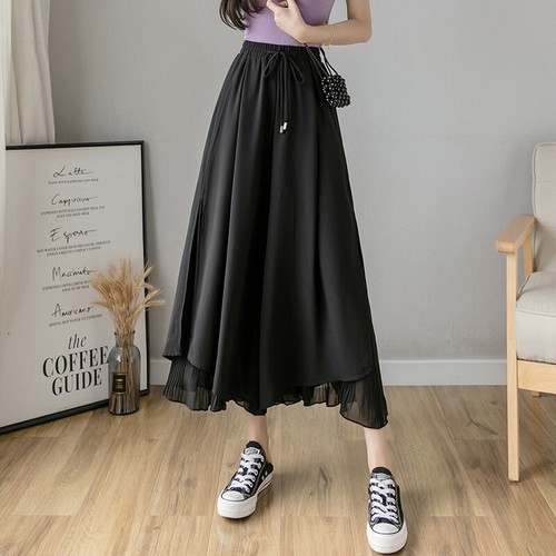 Lady Chiffon Wide-Leg Cropped Trousers Skirt Pants Culottes Drawstring Thin - Picture 14 of 16