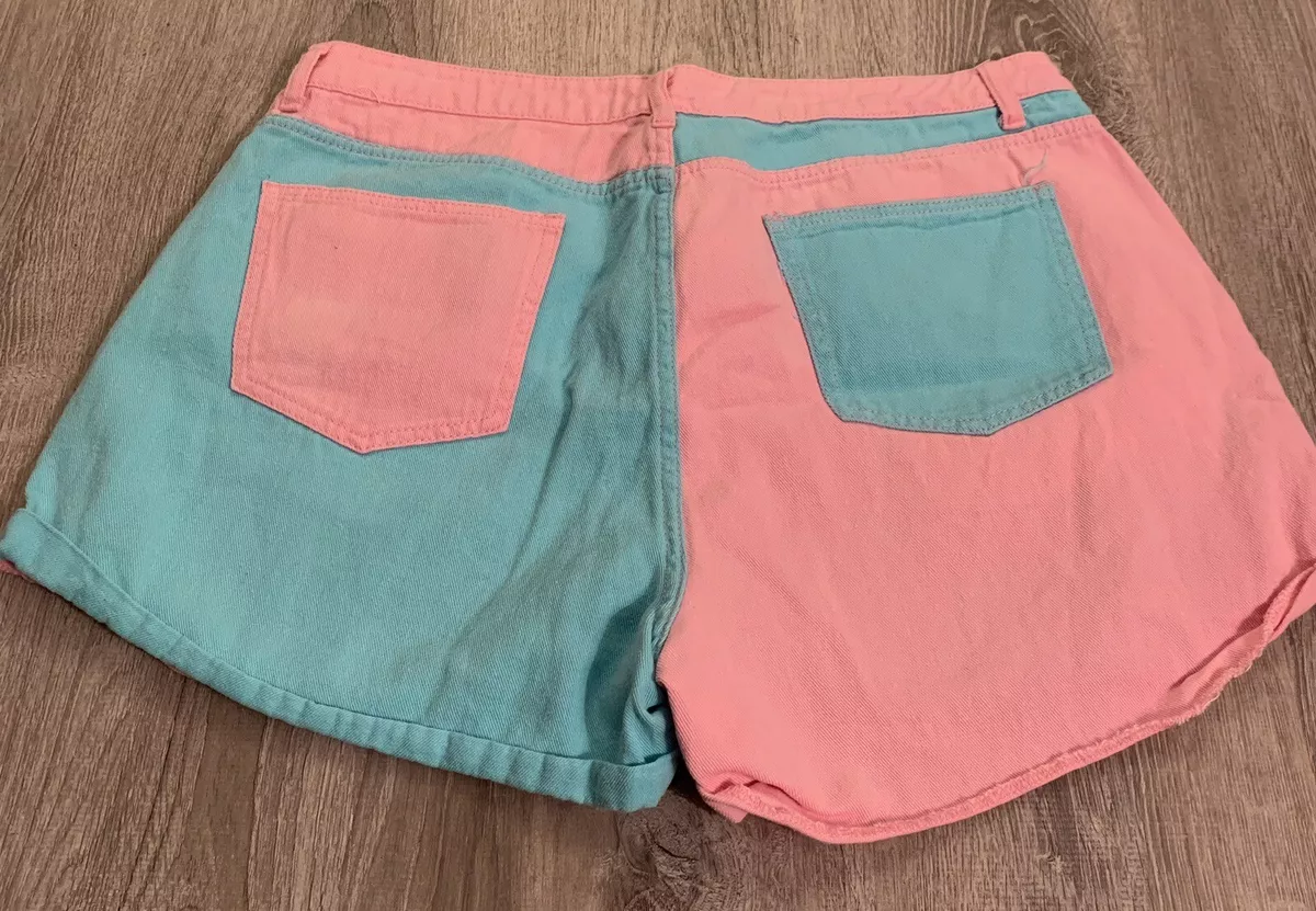 High Rise Jean Denim Shorts Womens 2XL Pink Blue Color Block Shein