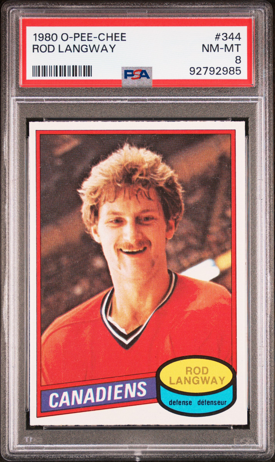 1980 O-PEE-CHEE OPC HCOEKY #344 ROD LANGWAY RC CANADIENS HOF PSA 8