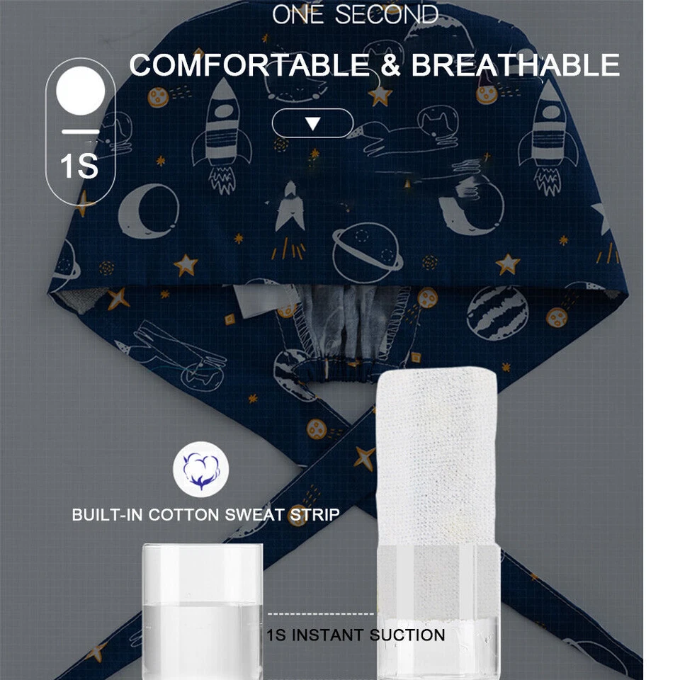 Doctor Nurse Cap Surgical Scrub Kitchen Cotton Hat with Sweatband Adjustable - Image 4 of 4