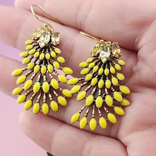 Stella & Dot Yellow Enamel Crystal Chandelier Drop Earrings Gold Tone Statement