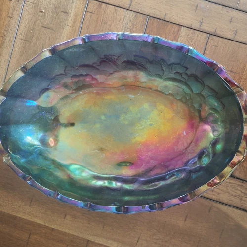 Vintage Blue Carnival Glass Oval Footed Fruit Bowl Iridescent 12.25”x8.5”x4.5”