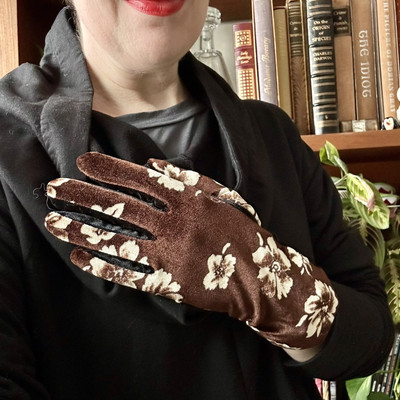 Floral Brown Velour Gloves with cream flowers