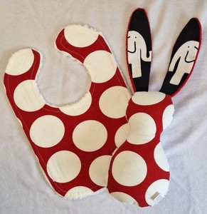Boutique Baby Toddler Red Dot Elephant Chenille Bib And Stuffed Bunny Set