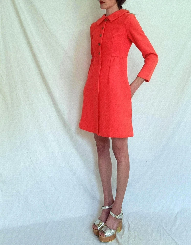 Vintage 1960s Mod Orange Wool Mini Shift Dress: 60s Space Age, Women's XS  - Image 3 of 4