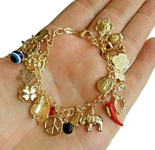 18K GOLD FILLED CHARM BRACELET LUCK,MONEY 7.25” LONG / PULSERA BUENA SUERTE- CB2