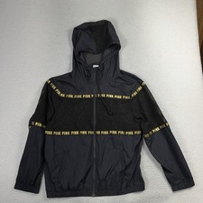 PINK Victoria's Secret Black Gold Zip Mesh Hooded Windbreaker Jacket Sz Medium
