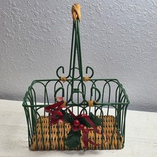 Vintage Christmas Green Wire Wicker Basket Holly Berry Metal Ribbon