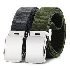 Image of Unisex Men Women Cotton Plain Webbing Canvas Belt Adjustable Black Silver Buckle