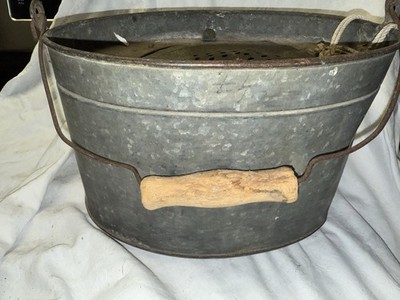 Vintage Galvanized Minnow Bait Bucket w/ Wooden Bobbers & Old Fishing