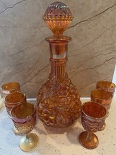 Vintage Marigold Grape Pattern Carnival Glass Decanter Set