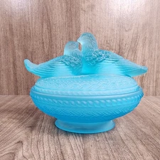 Vintage Blue Satin Westmoreland 2 Doves Covered Candie/Nut Dish