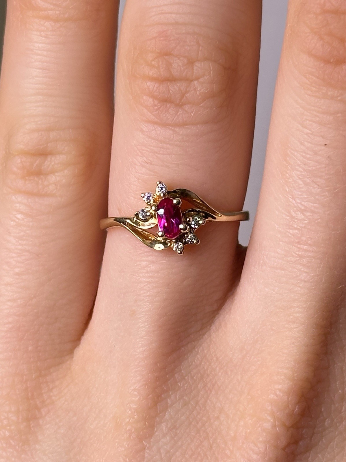 Solid 14K Yellow Gold Ring & Ruby & CZ, Sz 6.5 - image 1