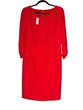 Talbots Embroidered Crepe Shift Dress Sz 8 Red Scallop Neck Career Office NWT
