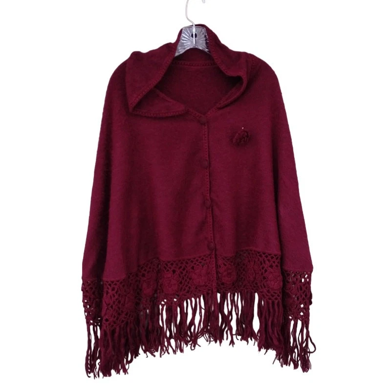 Alpaca Peru Diana Poncho Cloak Cape Crochet Fringe Brushed Rustic Burgundy O/S