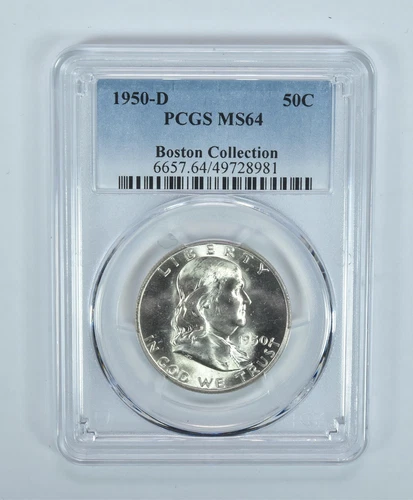 1950-D Franklin Half Dollar Boston Collection MS64 PCGS Blue Label