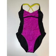 Nike Black and Magenta One-Piece Swimsuit with Neon Yellow Straps