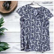 Banana Republic Womens Navy White Paisley Flutter Sleeve V-Neck Blouse Size M