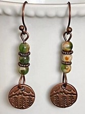 Etched Copper Tree Dangle Earrings. Green and Beige Beads. Forest. Winter