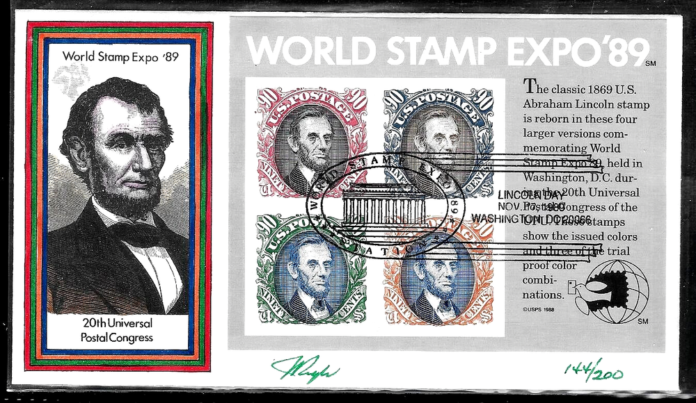 2433 90c Stamp Set SS (1989) THE WORLD STAMP EXPO FDC HD/HP BY JULIAN PUGH