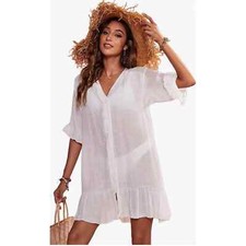 Shein Button Down Swimsuit Cover Up Shirt Ruffle Bikini Beachwear Sz Small 4