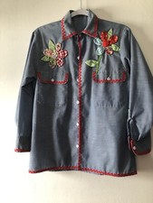 VINTAGE Upcycled Work Shirt With Red Trim And Flowers Size S/M
