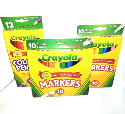 Crayola Lot Markers & Colored Pencils 3 Pack Set Brilliant Classic Colors NEW