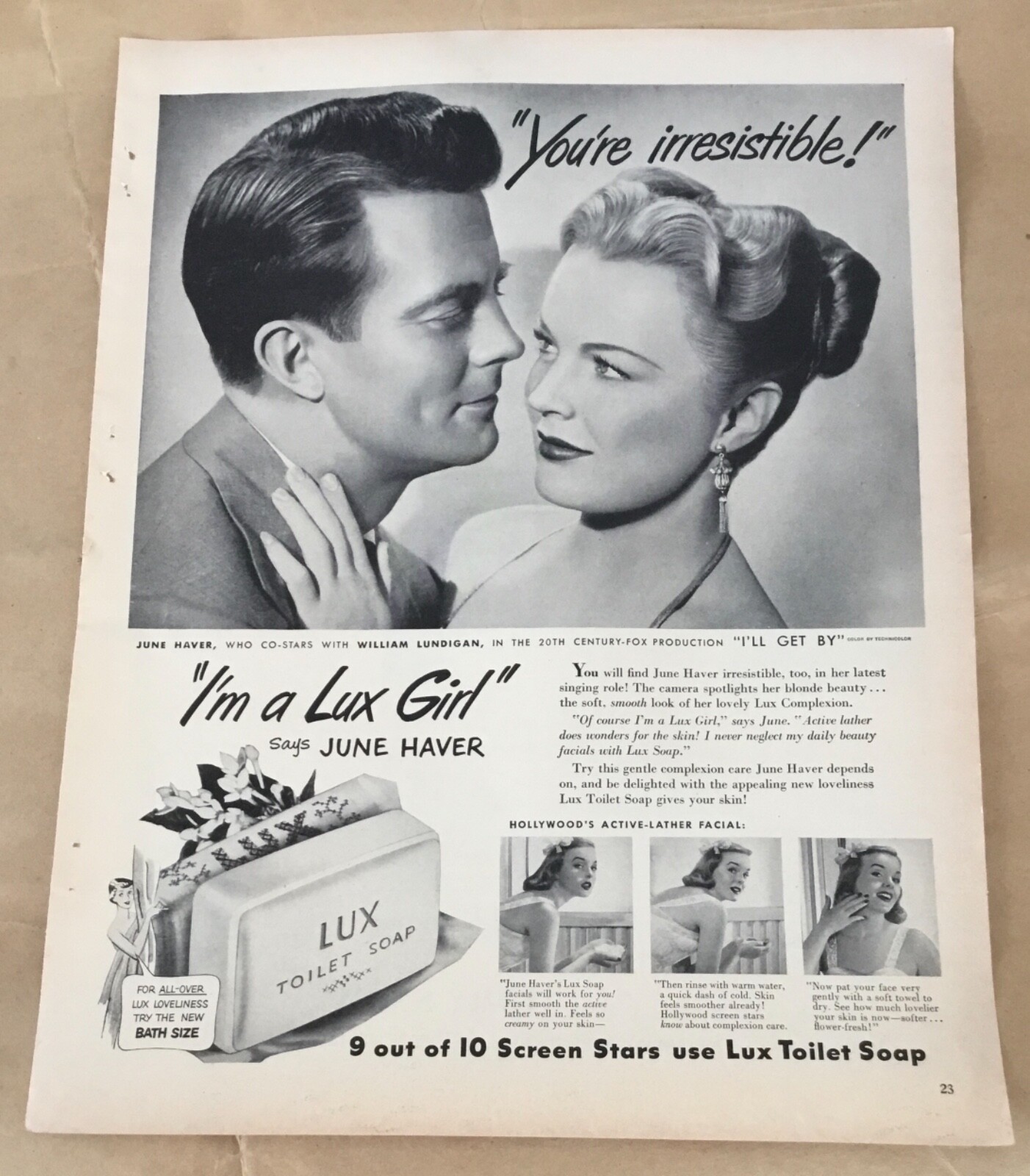 Lux Girl Soap 1950 vintage original print ad 1950s art retro decor June Haver