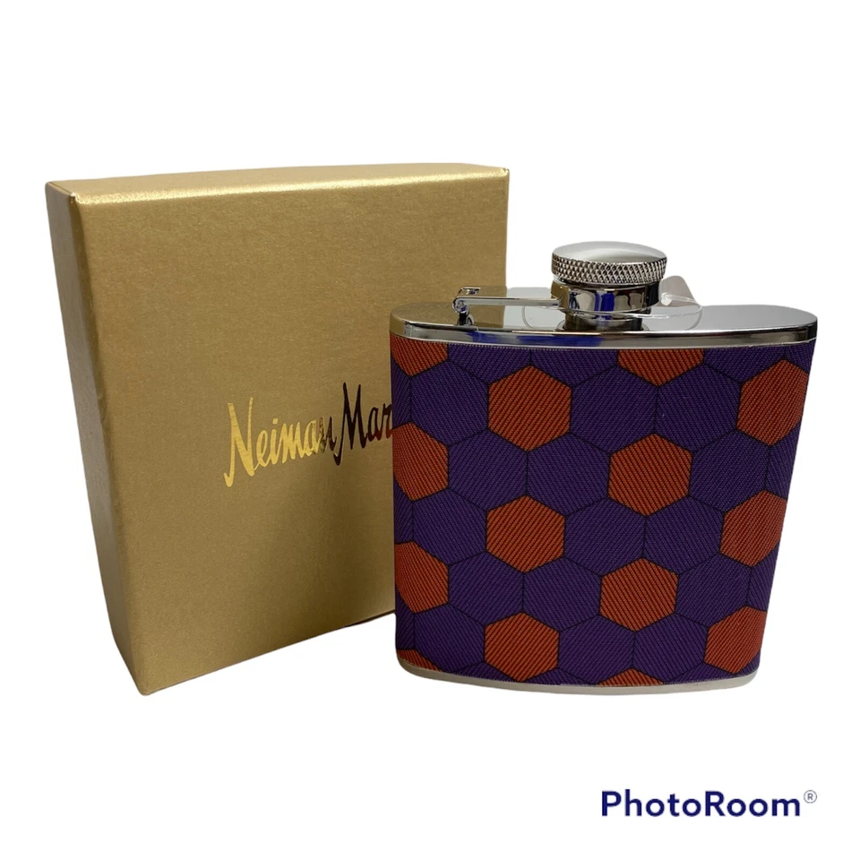 Neiman Marcus Gift Boxed Honeycomb - Print Fabric Flask.NWT.Red/Purple - Image 3 of 3