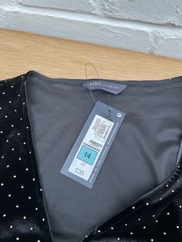 New M&S Collection Black Velvet Faux Wrap Top Blouse UK 14 Gold Detail Shirt - Picture 4 of 9