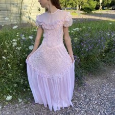 1940s Pink Lace Maxi Puff Sleeve Dress- Flaws
