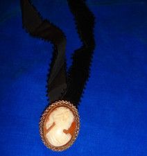 Vintage Cameo Pin attached to Black Velvet Ribbon Choker Necklace