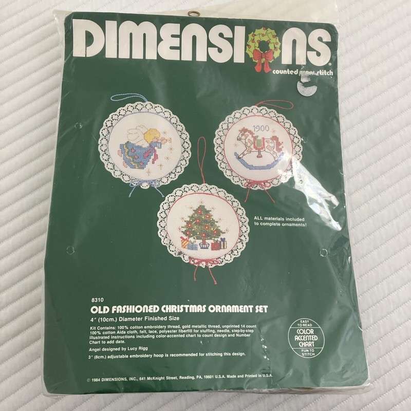 1984 Dimensions Old Fashioned Christmas 3 Ornament Set Cross Stitch Kit #8310