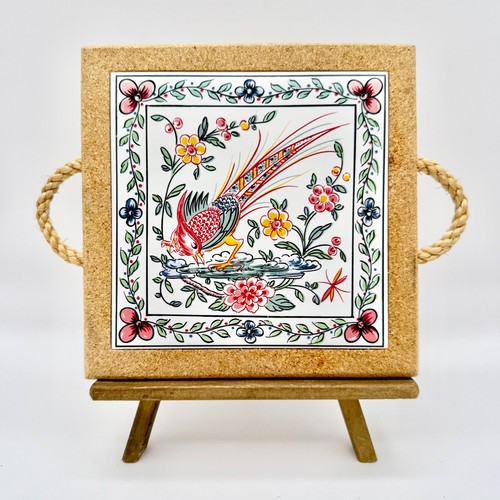 Vintage Hand-Painted Bird Portugal Tile or Trivet in Cork ~ 7.25"